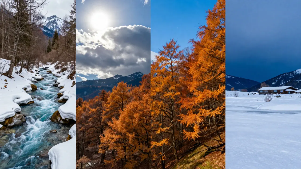 Composición artística que muestra las cuatro estaciones en el paisaje pirenaico.