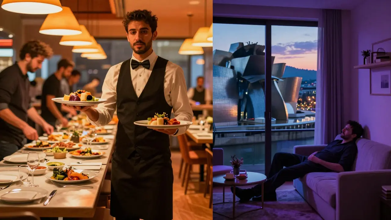 Contraste entre el ajetreo del trabajo en hostelería y la calma del hogar en Bilbao