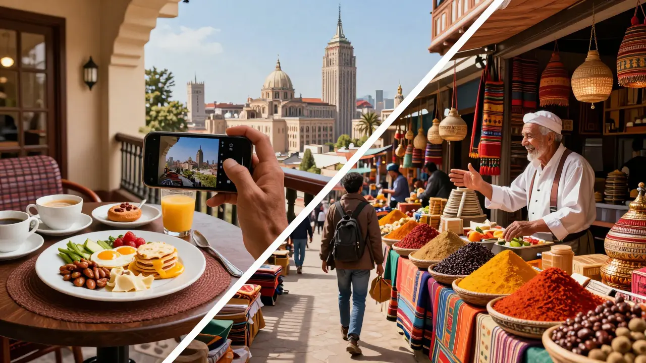 Contraste entre la comodidad de un hotel de lujo y la inmersión en un mercado local auténtico.