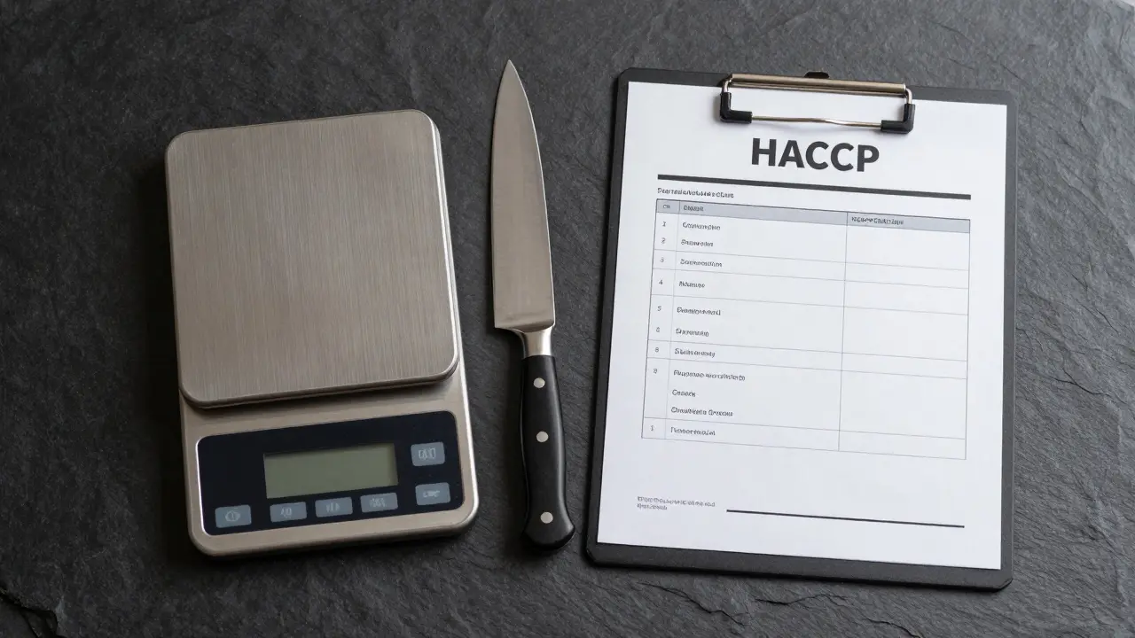 Cuchillo profesional, báscula y lista de control de seguridad sobre un fondo de piedra oscura.