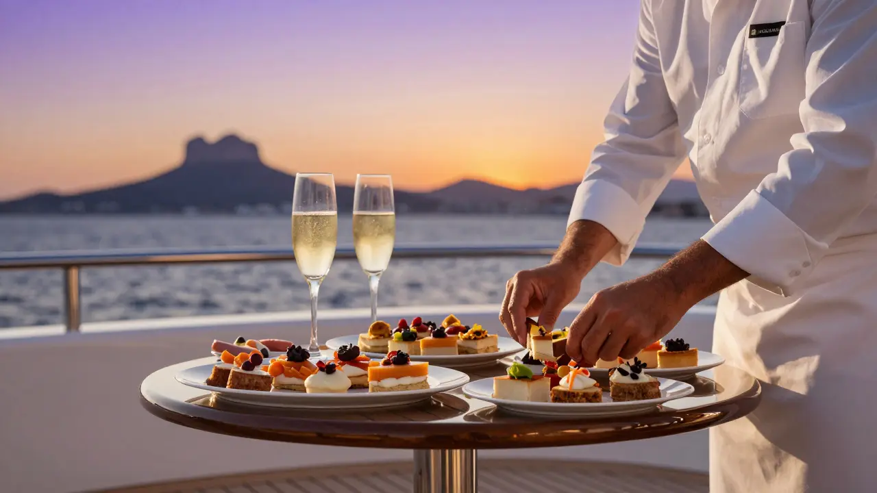 Detalle de catering de lujo en la cubierta de un yate privado al atardecer.