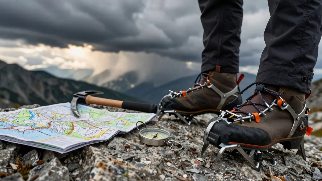 Equipo de alta montaña y mapa sobre una roca con una tormenta acercándose.