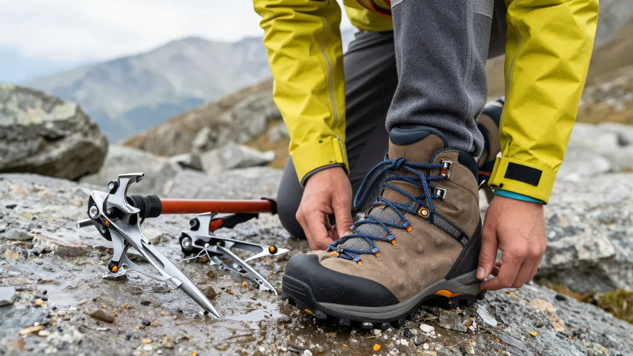 Equipo de senderismo especializado: botas, crampones y ropa técnica por capas.