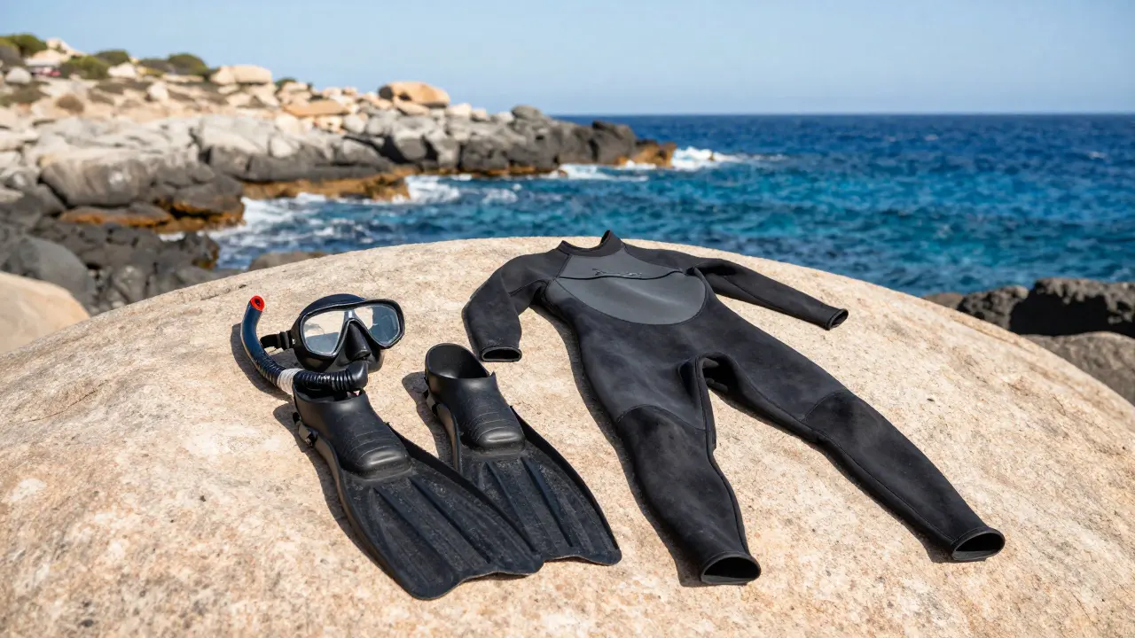 Equipo de snorkel profesional sobre una roca en la costa de Cap de Creus.