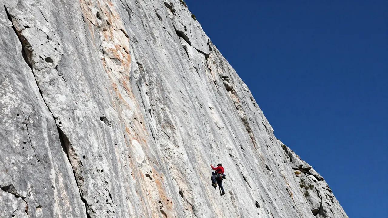 Escaladores ascendiendo la pared vertical de roca caliza del Naranjo de Bulpito.