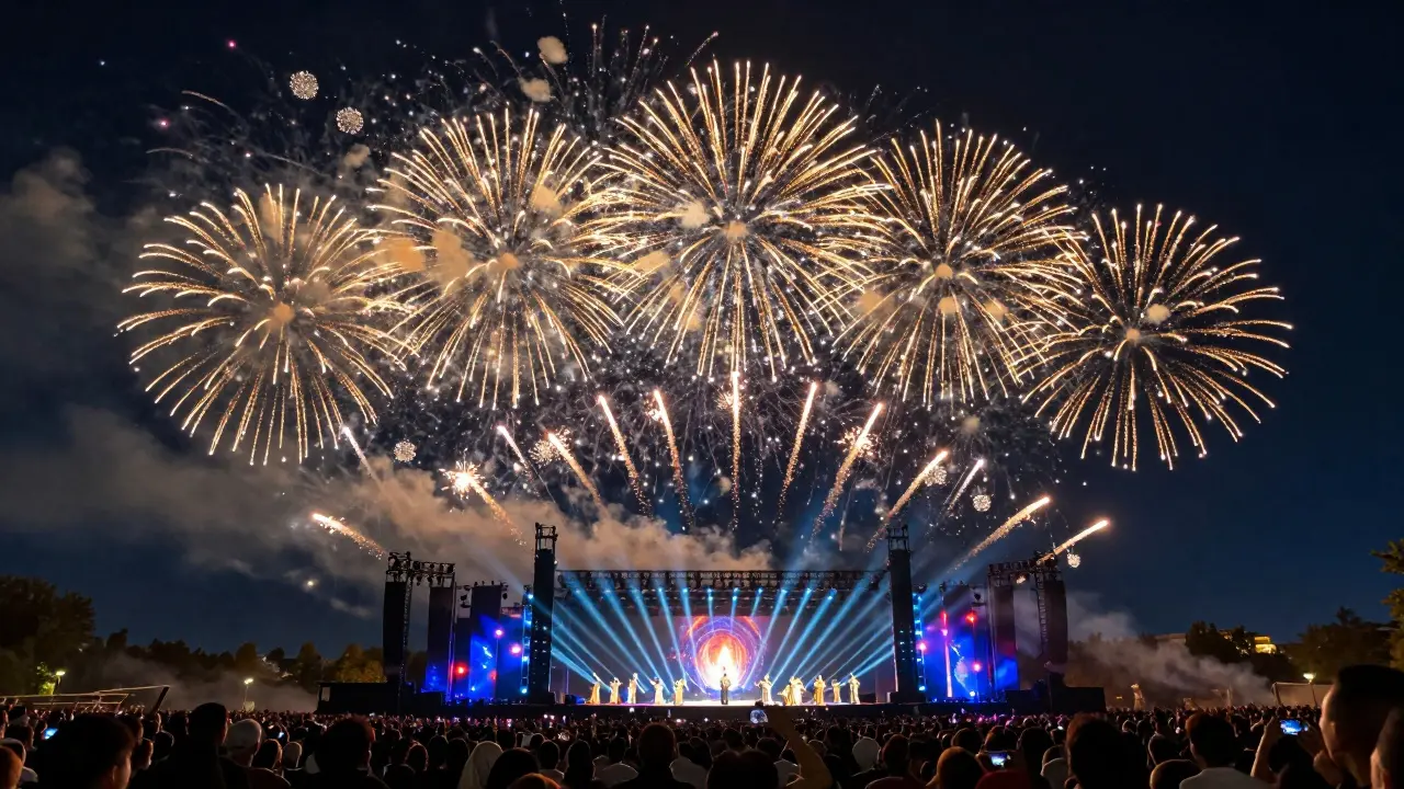 Espectáculo nocturno con fuegos artificiales y luces sobre una multitud