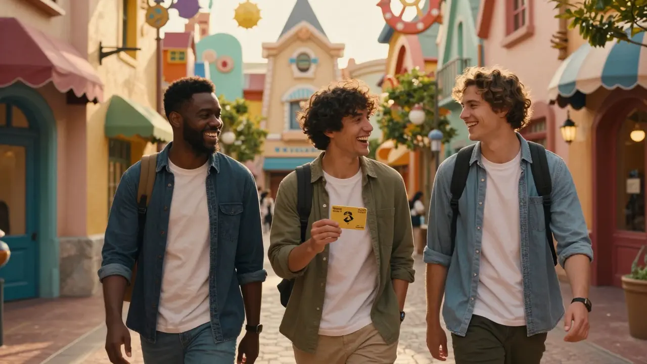 Grupo de amigos felices caminando por el parque con un pase anual.