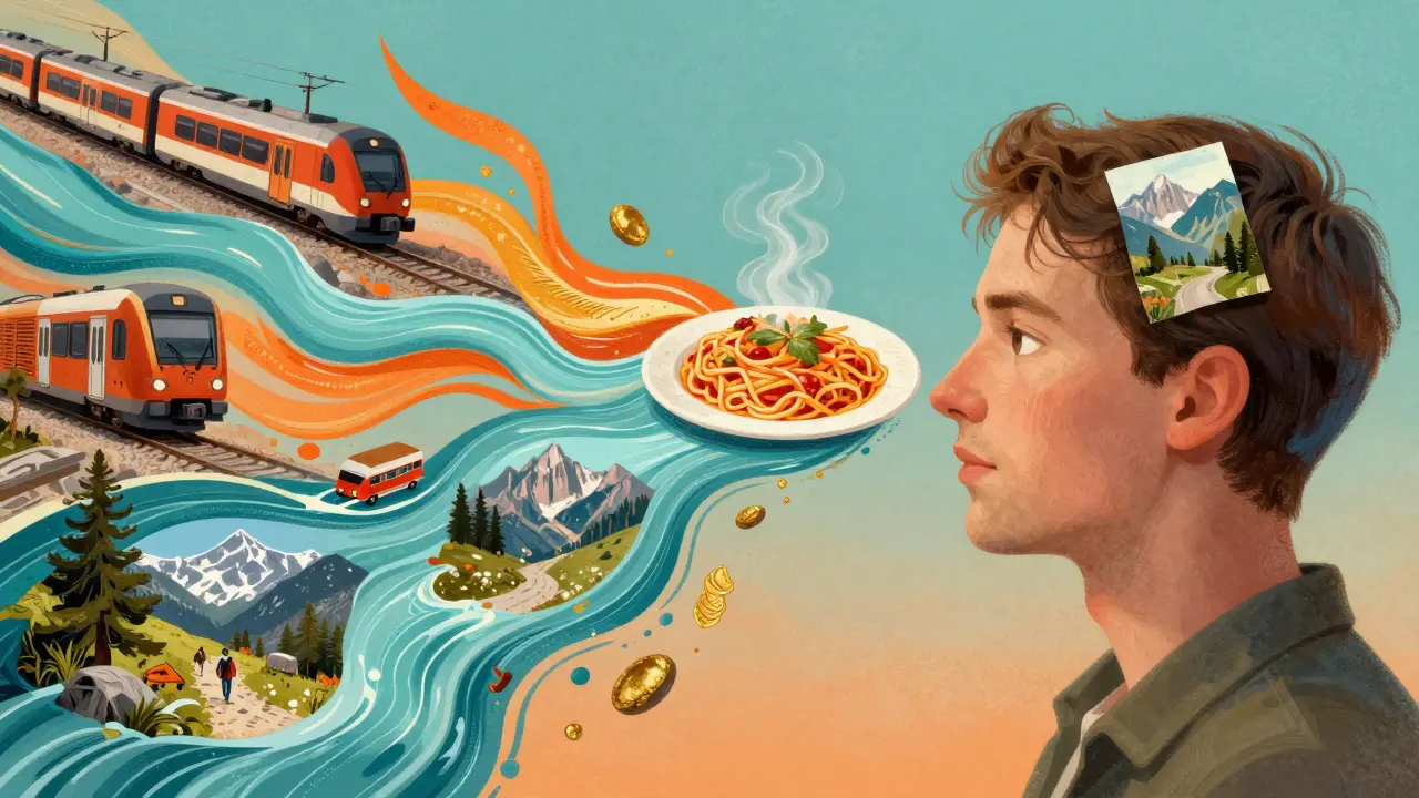 Ilustración conceptual de recuerdos de viaje surgiendo de la mente de un escritor.