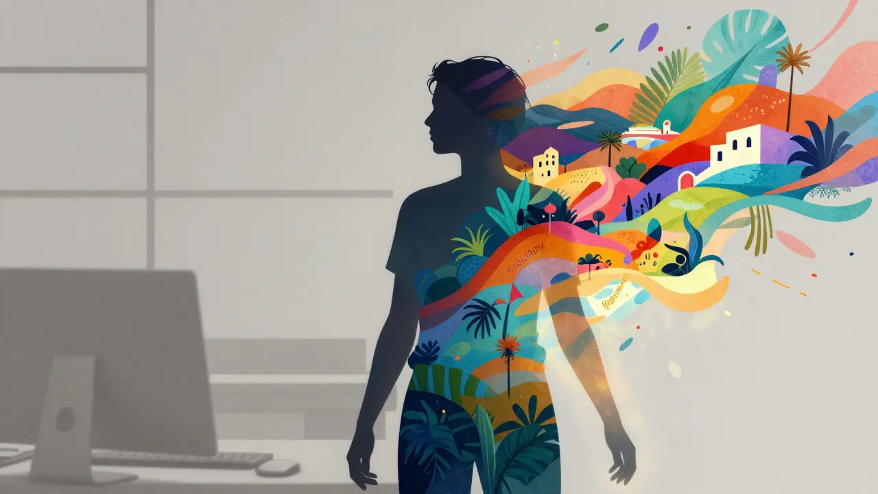 Ilustración conceptual que contrasta la rutina gris con la libertad colorida de viajar.