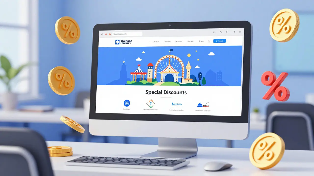 Ilustración de beneficios corporativos y descuentos en una pantalla de oficina.