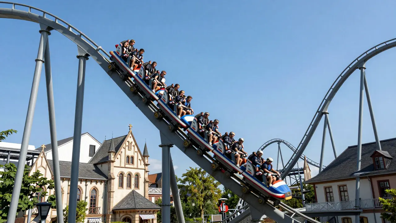 Montaña rusa técnica de Europa-Park con arquitectura europea de fondo.