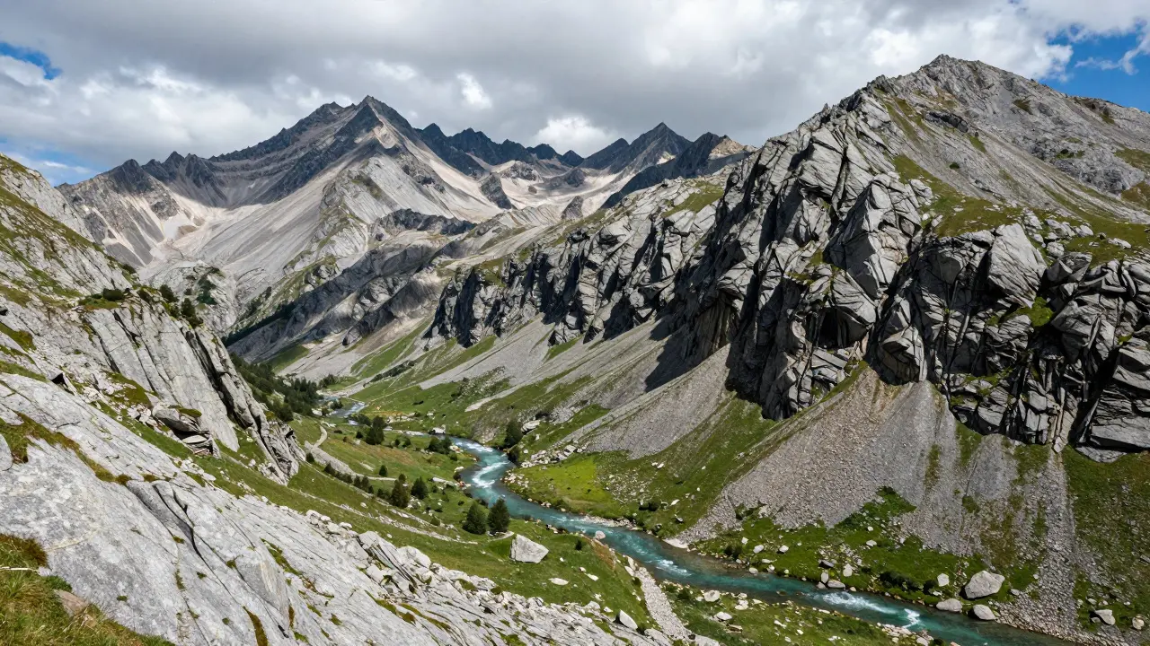 Paisaje geológico de los Pirineos con picos de granito afilados y un valle verde profundo.