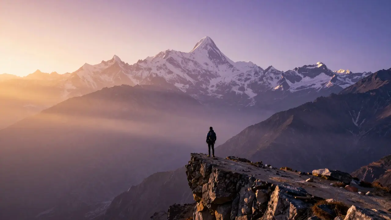 Persona pequeña frente a la inmensidad de las montañas del Himalaya al amanecer.