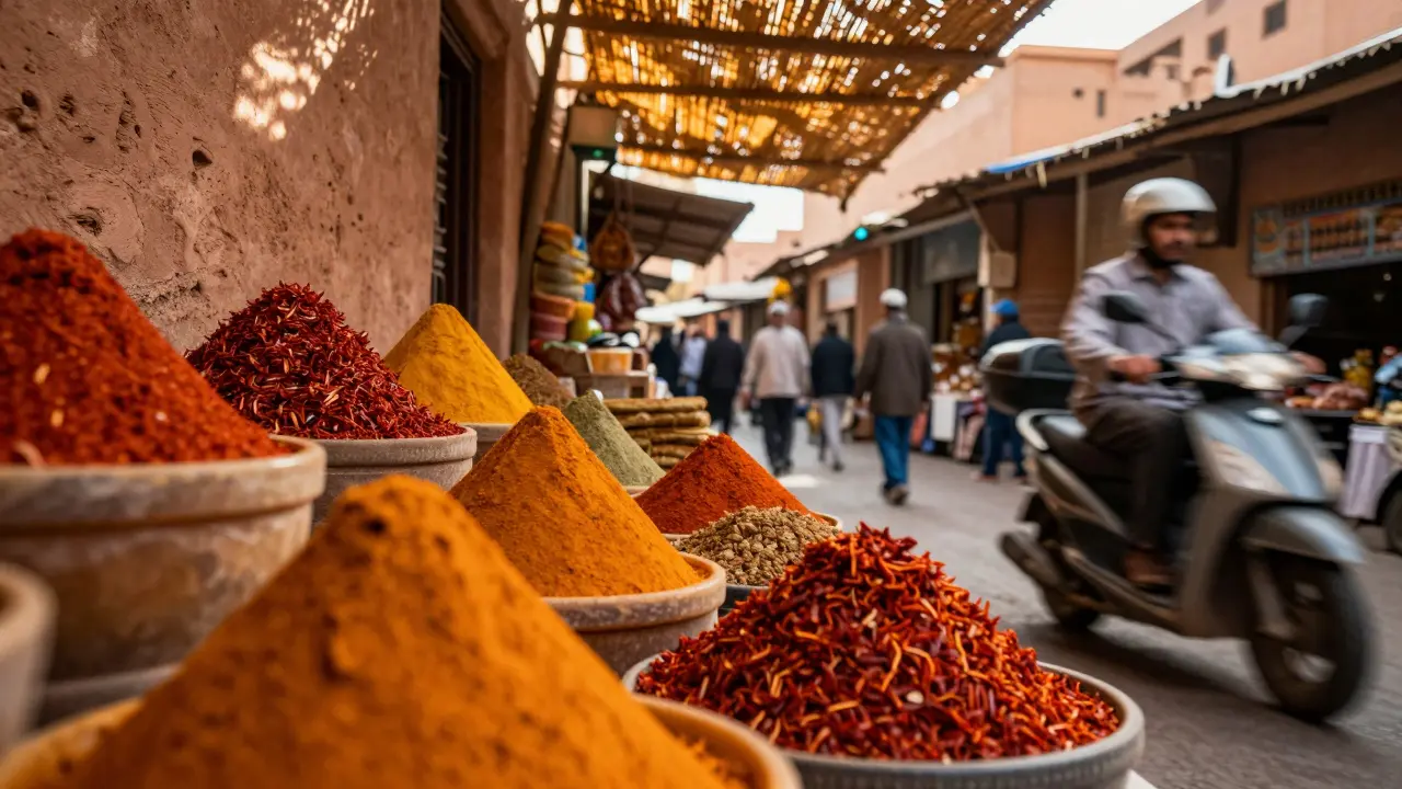 Primer plano detallado de un mercado en Marrakech con especias y paredes de adobe.