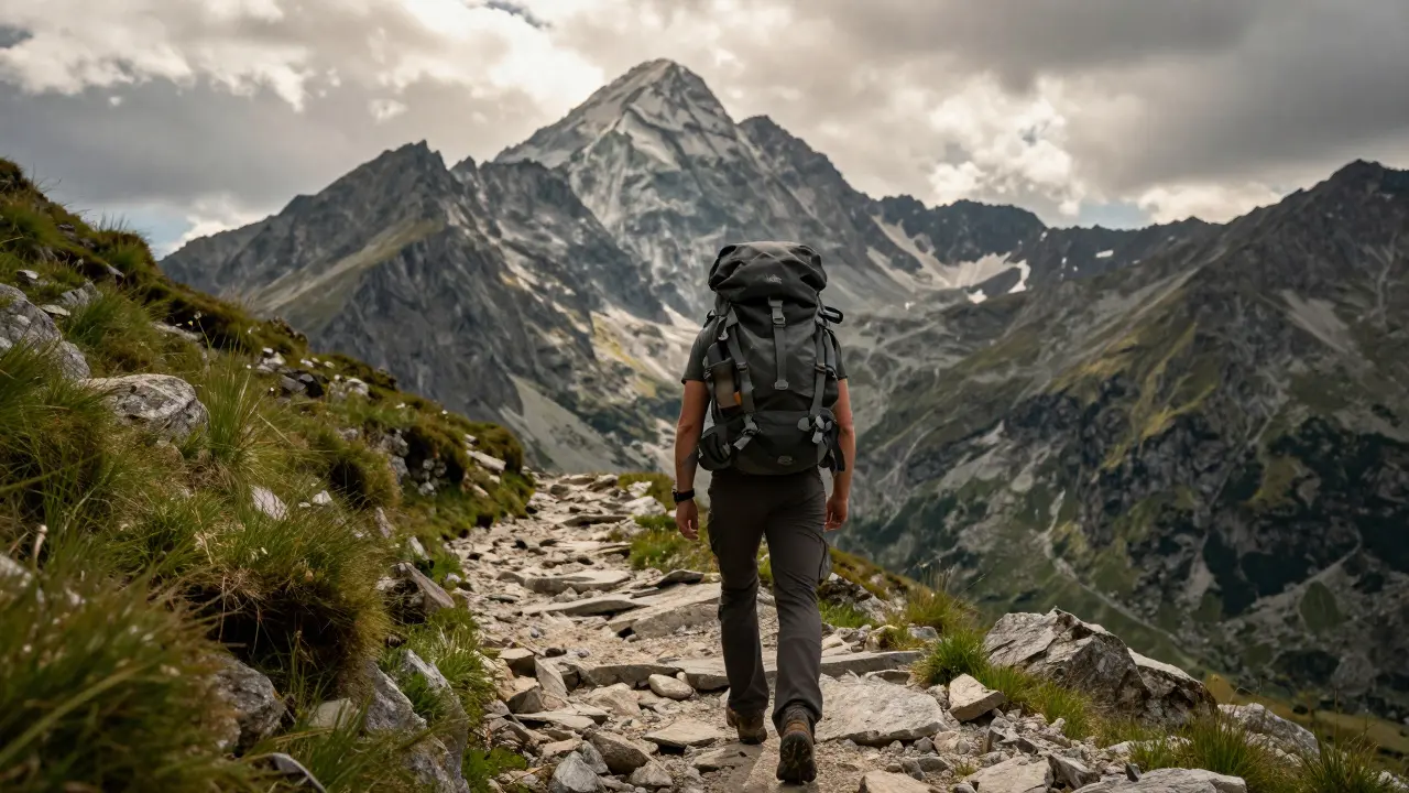 Senderista con mochila recorriendo el camino GR 11 con el pico Aneto al fondo.