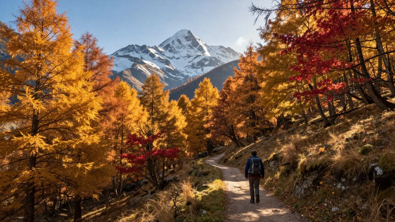 Senderista en un bosque otoñal con colores amarillos y naranjas y el pico Aneto al fondo.