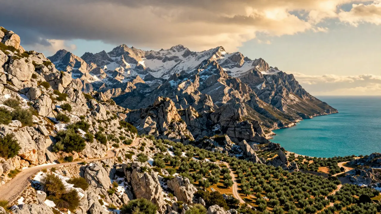 Sierra de Tramuntana con picos nevados y senderos entre oliveras verdes.