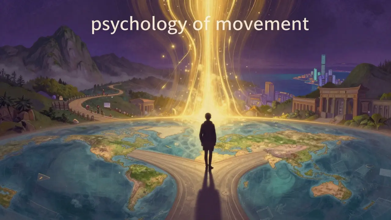 Silueta de una persona frente a un mapa surrealista que representa el deseo de explorar y la curiosidad.