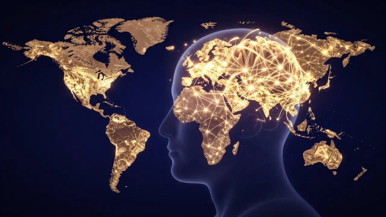 Silueta humana con un mapa mundial brillante representando la neuroplasticidad cerebral