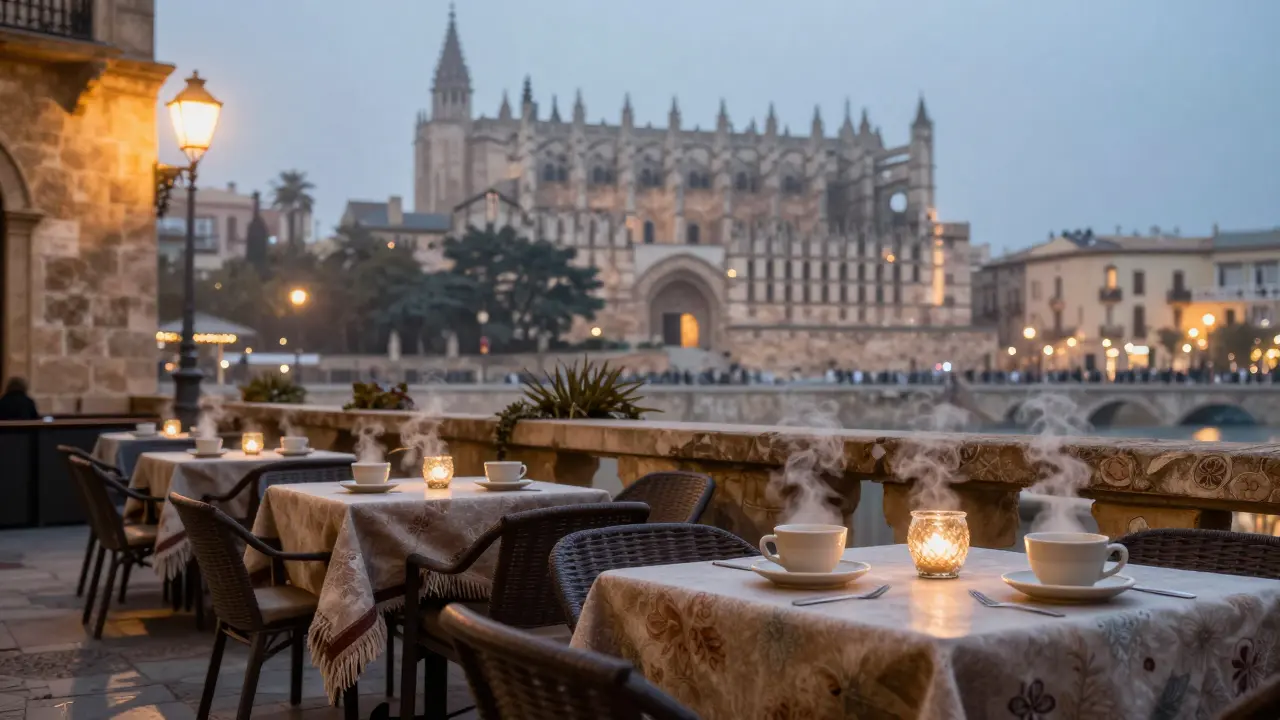 Terraza vacía en Palma con luz cálida durante una tarde fría e invernal.