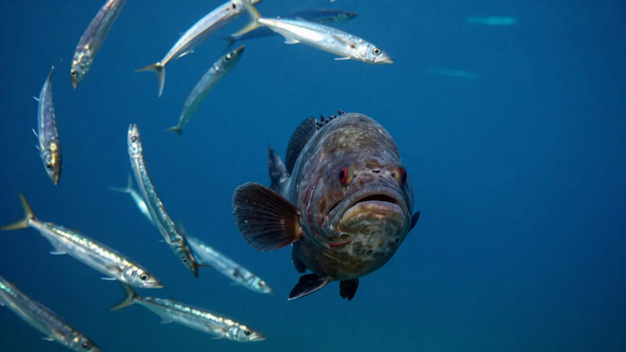 Un mero y un banco de barracudas nadando en las aguas azules de las Islas Medas.