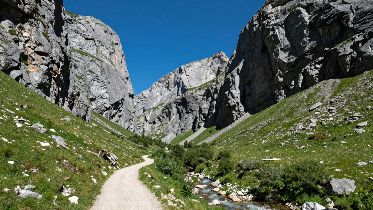 Valle de Ordesa con imponentes paredes de roca caliza y un sendero natural.