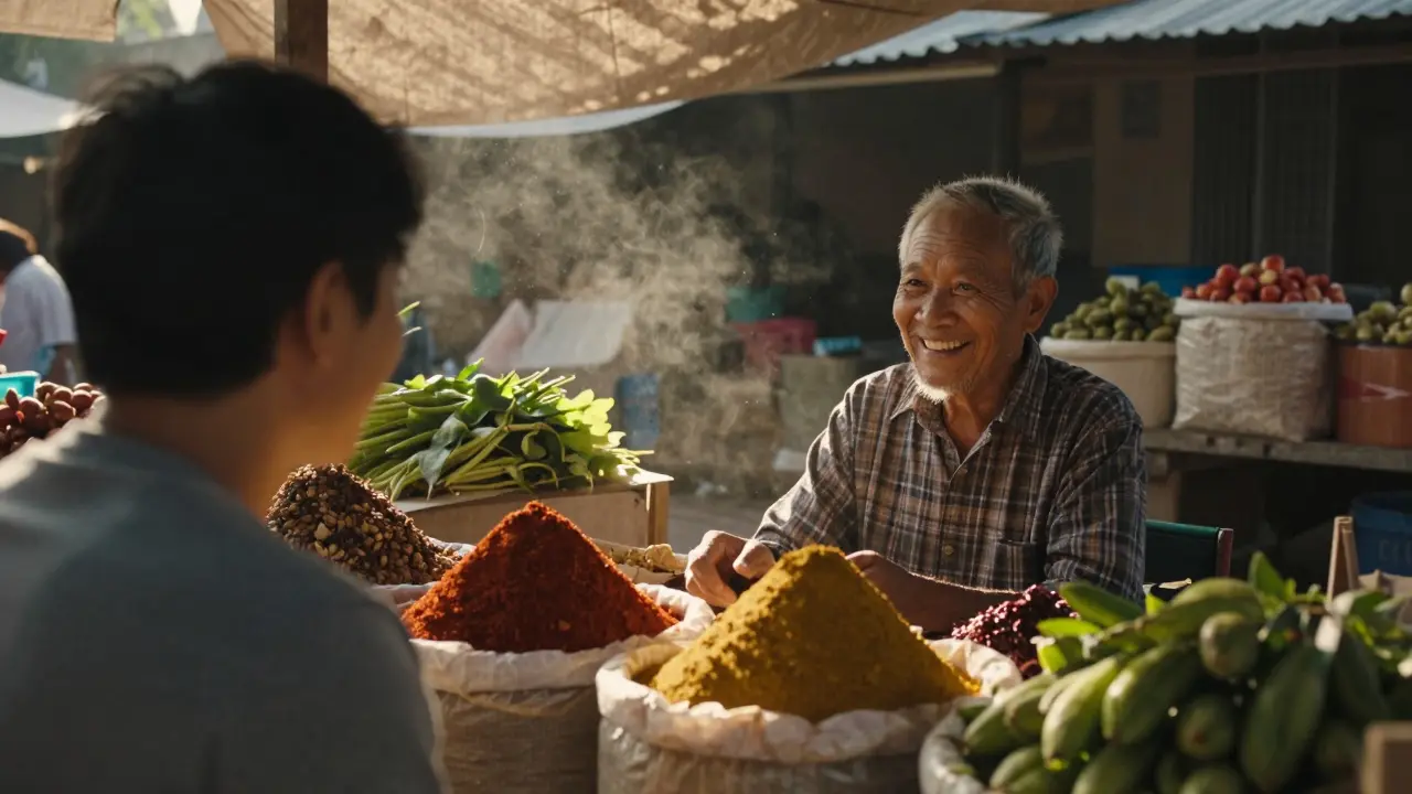 Viajero conversando con una vendedora local en un mercado tradicional soleado