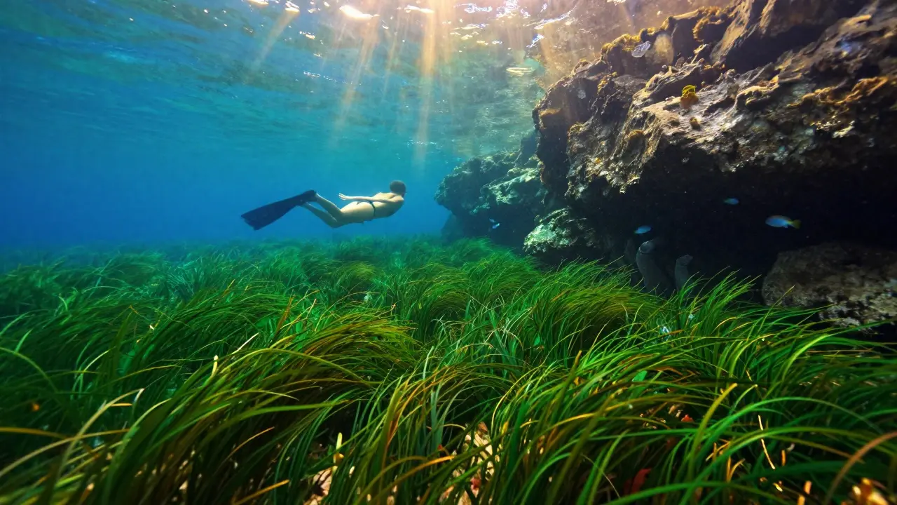 Vista submarina de praderas de posidonia y peces en las rocas de Cala Pola.