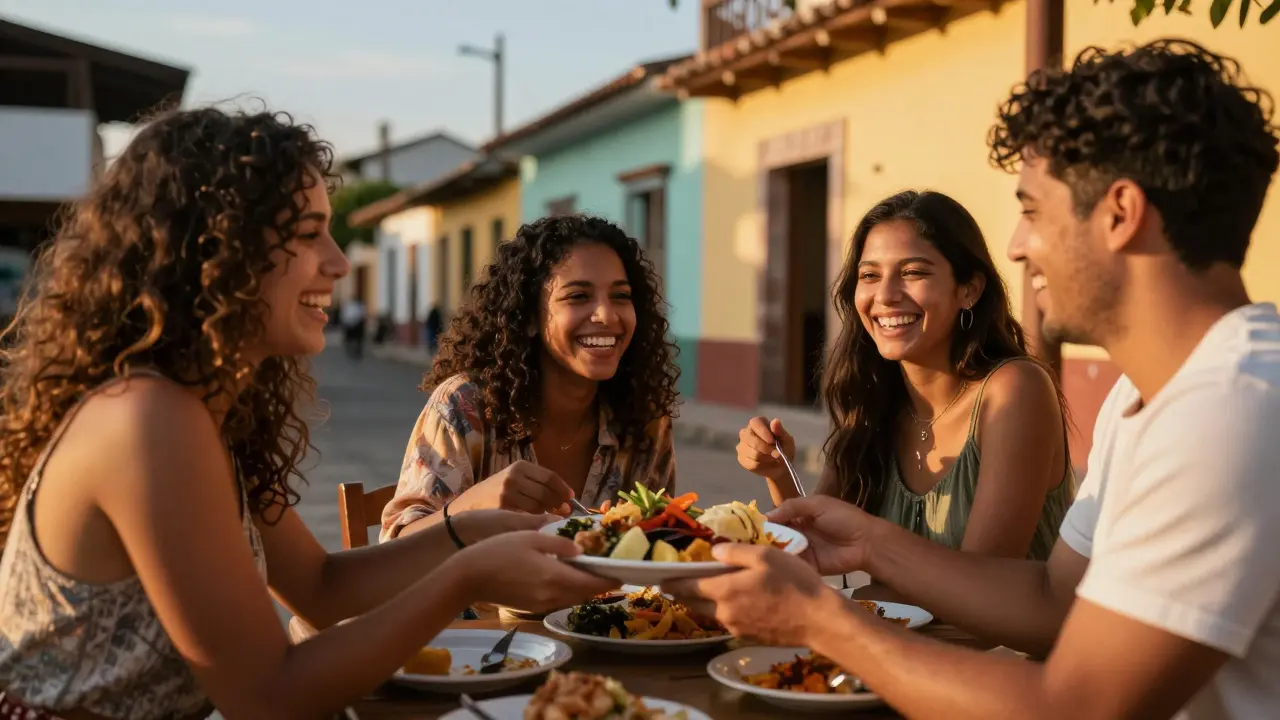 Amigos compartiendo una comida y riendo juntos en una terraza al atardecer