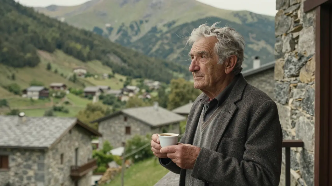Anciano residente en un balcón de una casa tradicional en los Pirineos