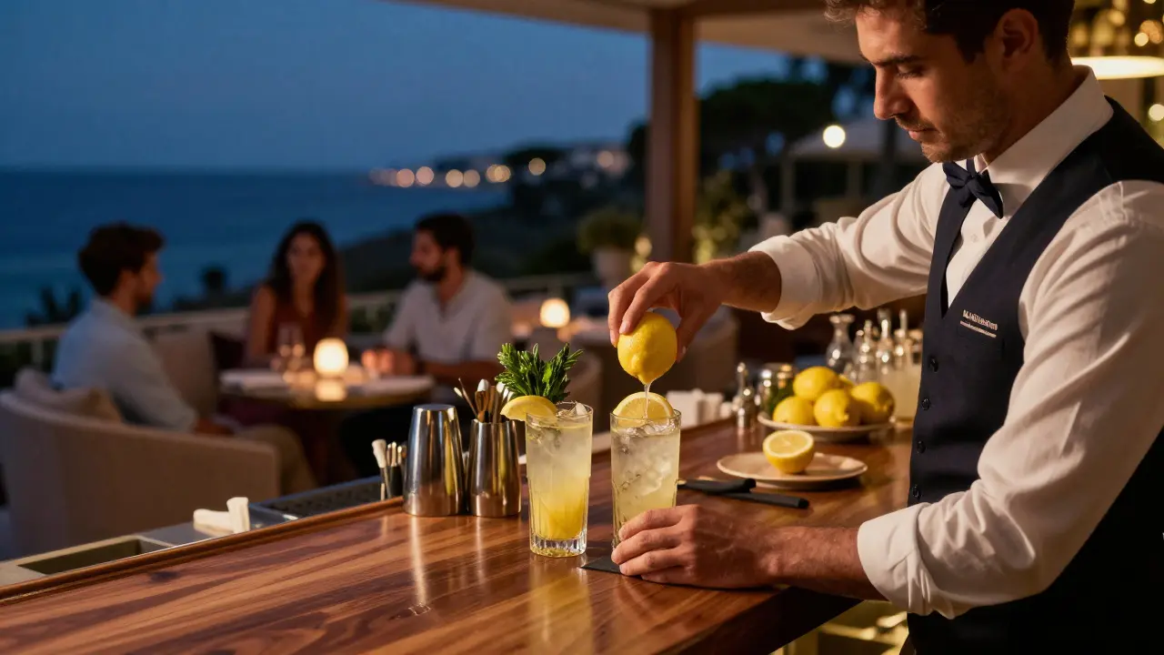 Bartender preparando cócteles premium en una elegante barra de resort al anochecer