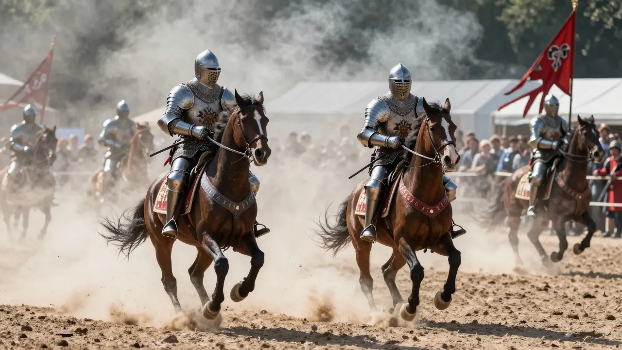 Caballeros medievales luchando a caballo en el espectáculo Les Éperons de l'Histoire