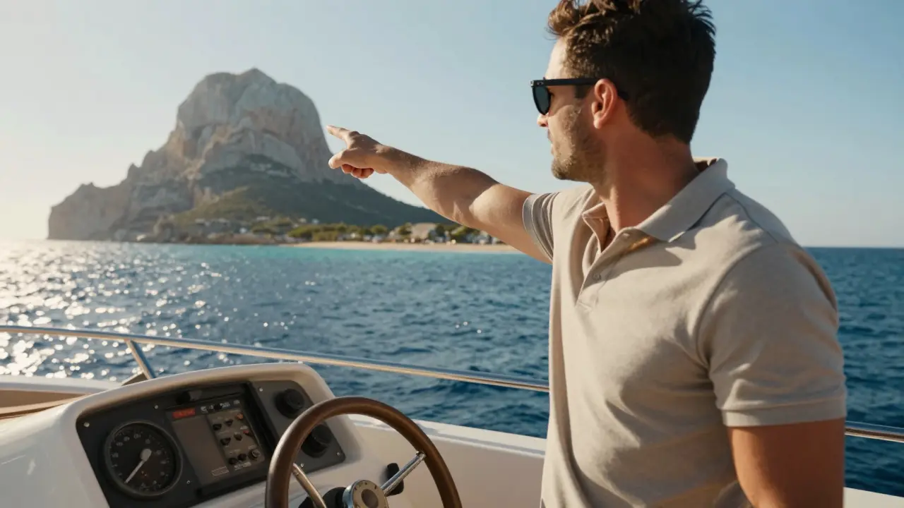 Capitán profesional señalando una playa escondida desde la proa del barco en el mar Mediterráneo