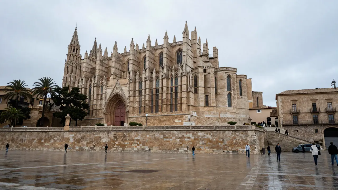 Catedral de La Seu en Palma bajo un cielo invernal nublado y tranquilo