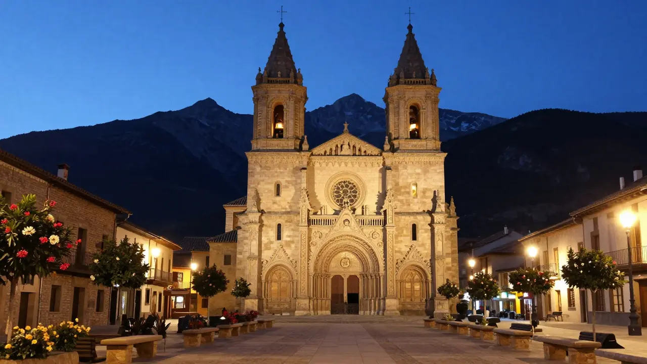 Catedral románica de Ainsa al atardecer con montañas de fondo