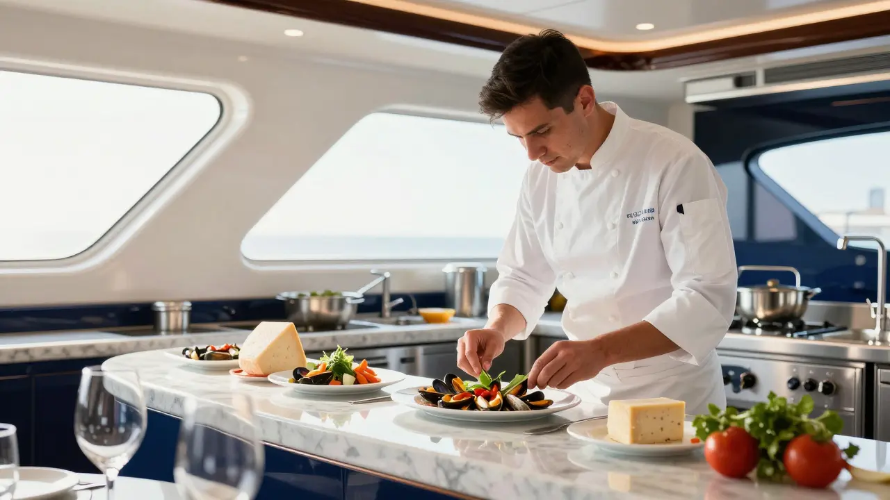 Chef preparando comida gourmet fresca en la cocina moderna de un yate