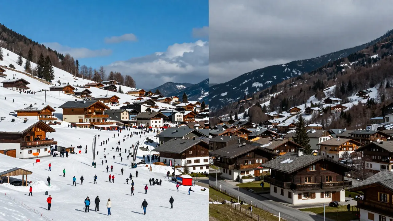 Comparación entre un pueblo pirenaico lleno en invierno y vacío en otoño