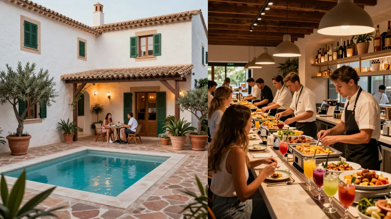 Contraste entre un acogedor hotel boutique y un bullicioso restaurante todo incluido