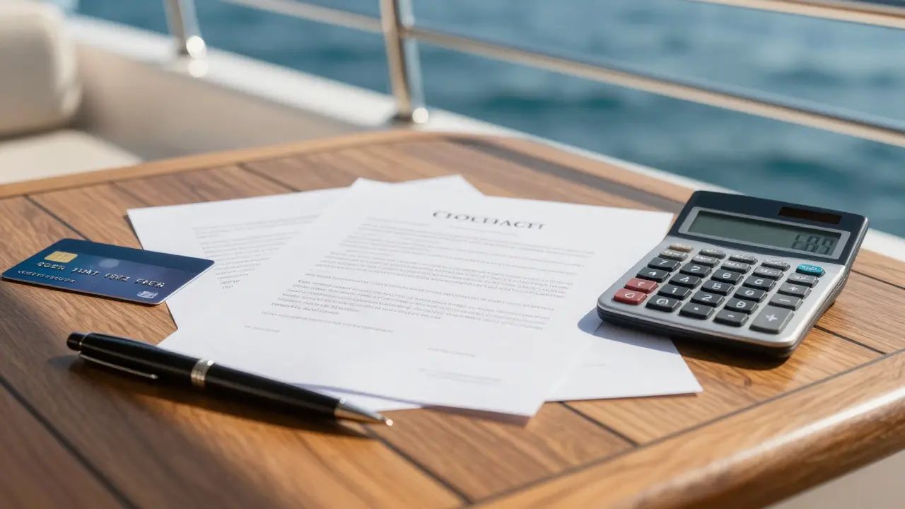 Contrato y calculadora en la cubierta del yate representando costes ocultos