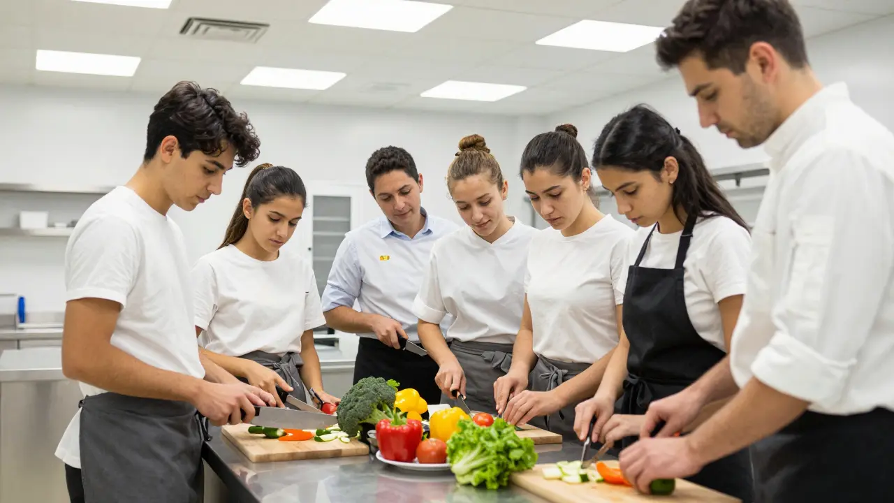 Estudiantes aprendiendo técnicas de corte en una clase de cocina