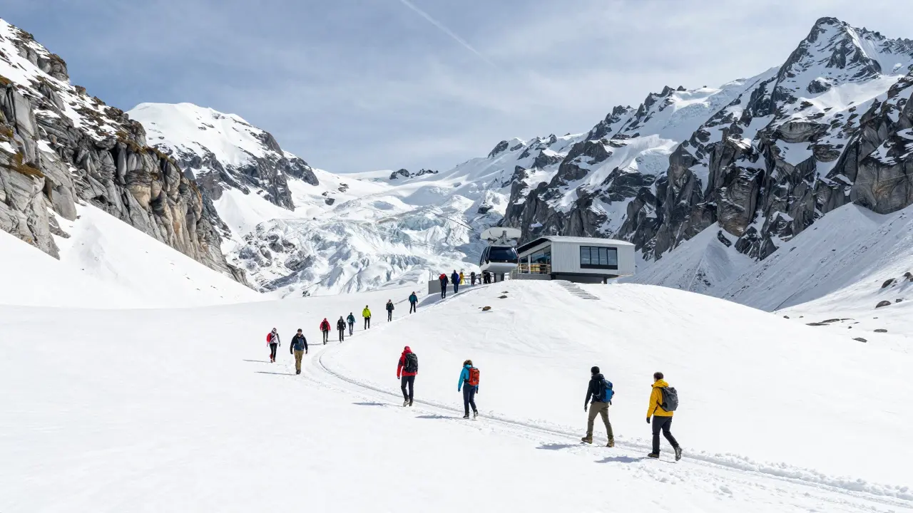 Excursionistas subiendo por el glaciar del Vignemale tras el teleférico