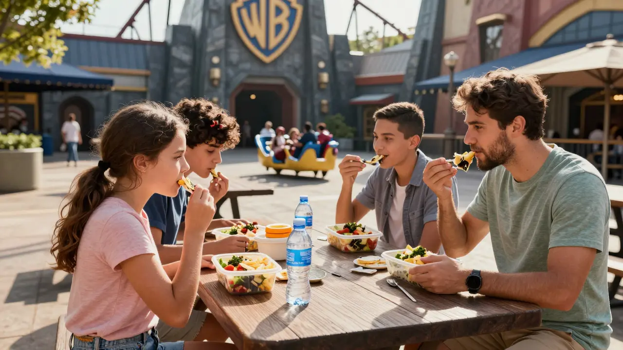 Familia comiendo snacks saludables dentro del parque temático