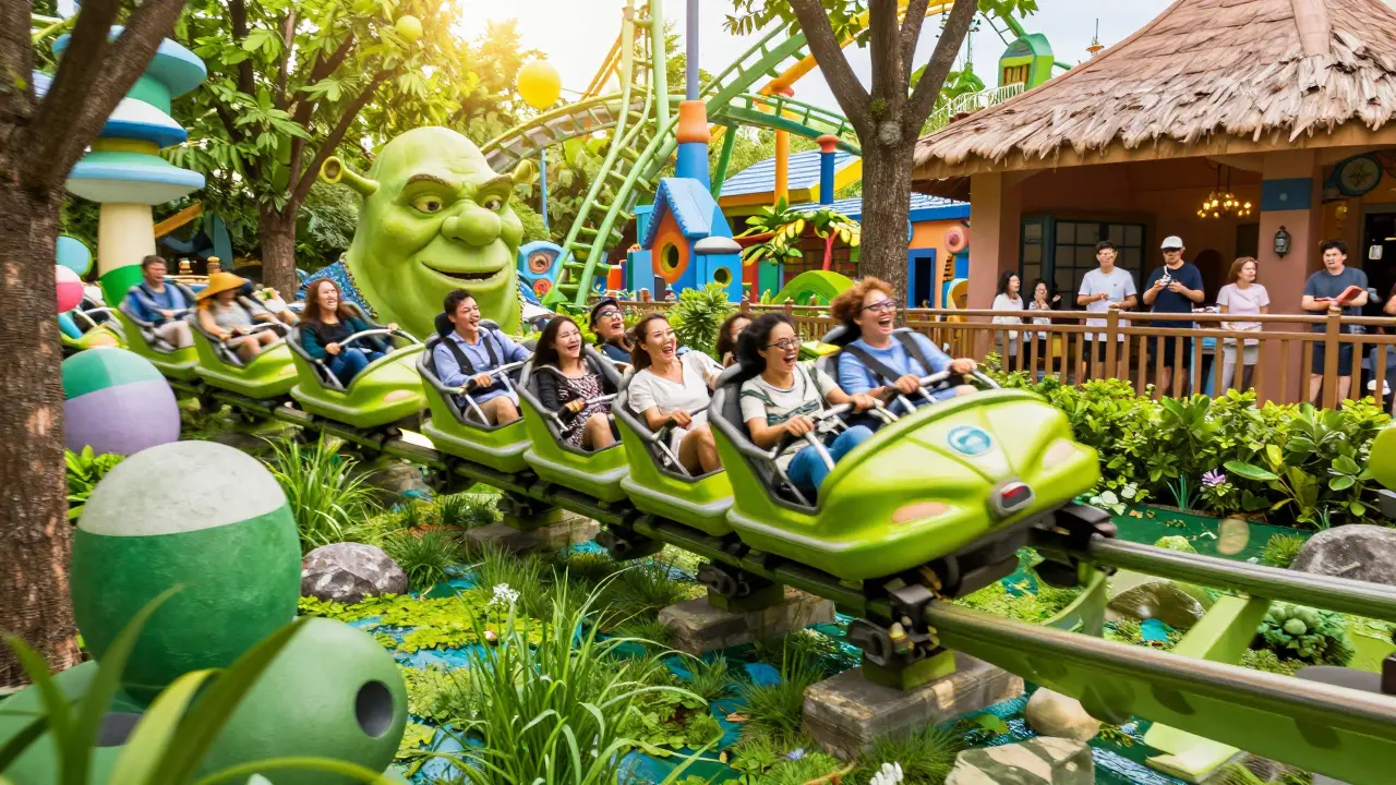 Familias disfrutando de una montaña rusa temática en el parque