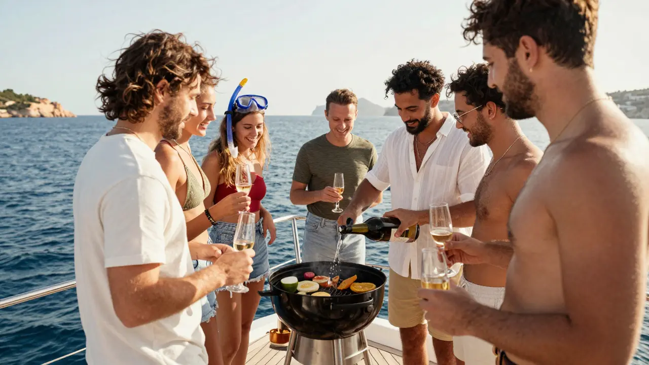 Grupo de amigos cocinando y disfrutando en la cubierta de un yate en Ibiza