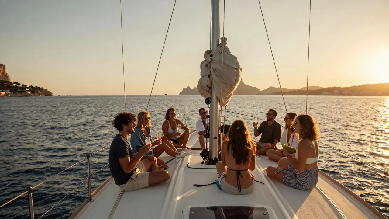 Grupo de amigos disfrutando de una tranquila velada en un velero al atardecer en Ibiza