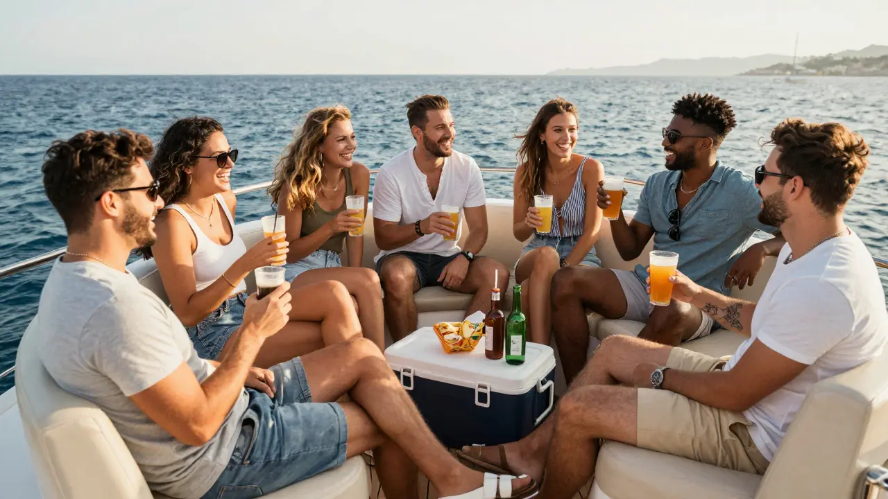 Grupo de amigos relajándose y riendo en la cubierta de un yate compartiendo bebidas bajo el sol
