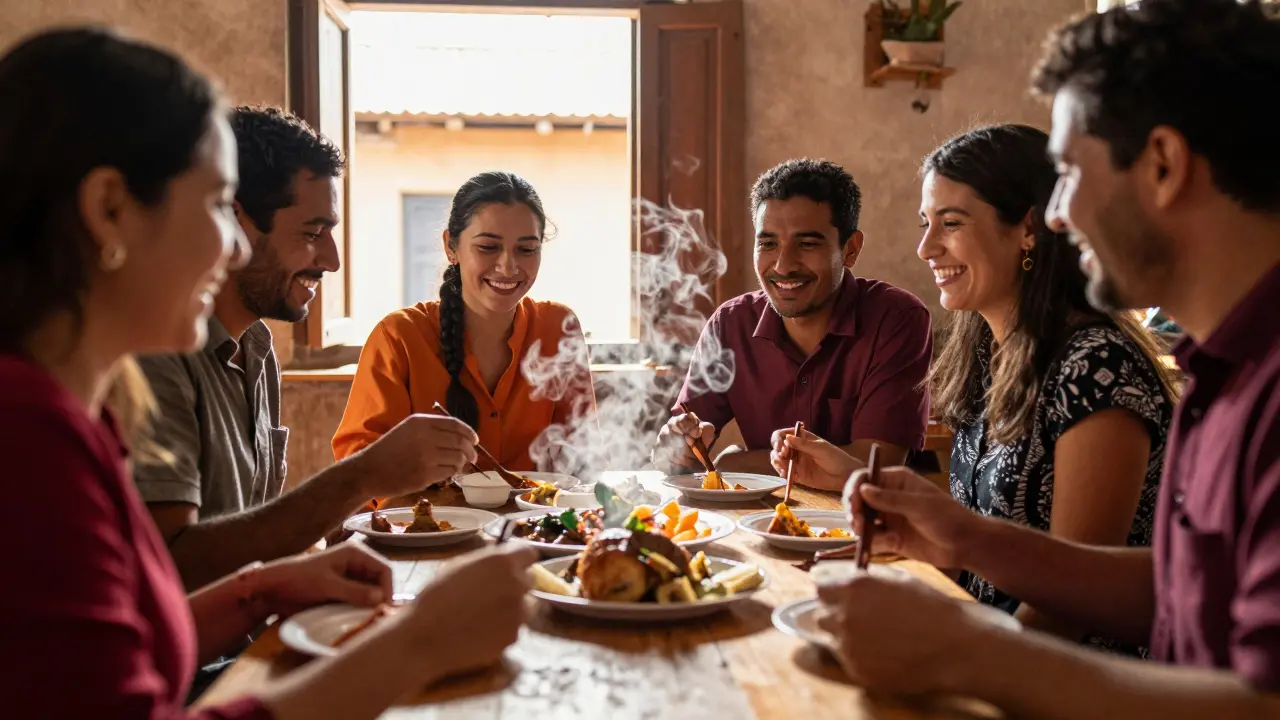 Grupo diverso compartiendo comida y risas