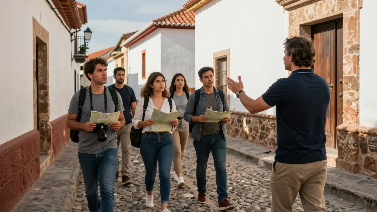 Grupo turístico escuchando a un guía en calle histórica española