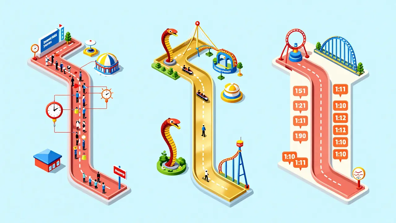 Ilustración comparando rutas normales y rápidas en el parque de atracciones