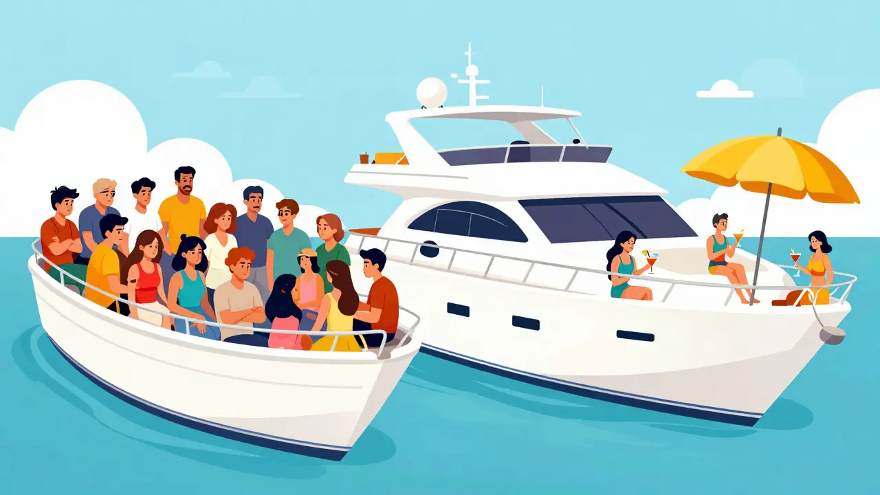 Ilustración comparativa: barco hacinado versus yate espacioso y cómodo para los viajeros.